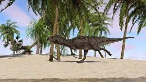 Carnotaurinae: Majungasaurus running across a tropical landscape