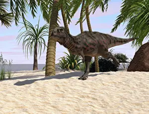 Carnotaurinae: Majungasaurus running across a tropical landscape