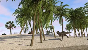 Abelisaurid: Majungasaurus running across a tropical landscape