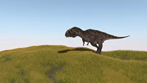 Clear: Majungasaurus walking across a grassy field