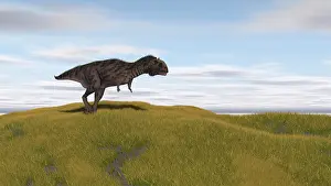 Savanna: Majungasaurus walking across a grassy field
