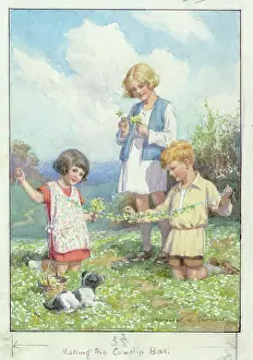 Making the Cowslip Ball ? children and dog
