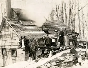 Syrup: Making maple syrup on a farm in Canada in the snow, c.1920's