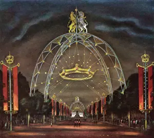 Floodlit: The Mall at night decorated for the Coronation, 1953