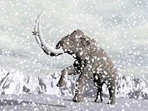 Glaciation: Mammoth walking through a blizzard on mountain