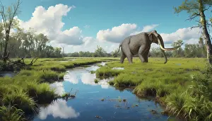 Stocktrek Images: Mammuthus meridionalis roaming the wetlands of