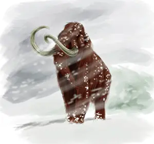 Mastodon: Mammuthus primigenius walking through a blizzard