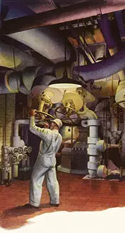 Adjusts: Man adjusts Valve at Power Plant