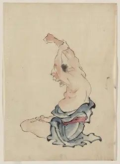 Chested: A man, bare-chested, sitting cross-legged with arms raised o
