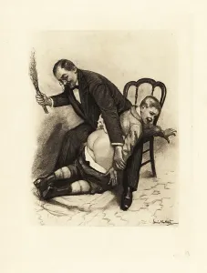 Birching: A man birching a boy's exposed buttocks