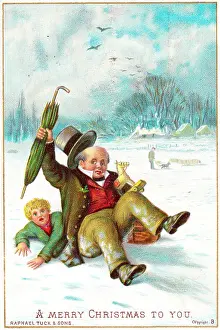 Slippery: Man and boy falling over in snow on a Christmas card