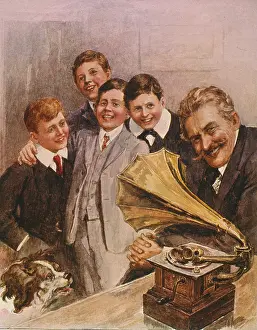 Eton: Man and boys with a wind-up gramophone