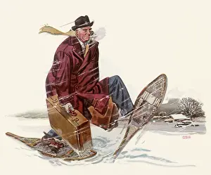Humerous: Man carrying Luggage through Snow