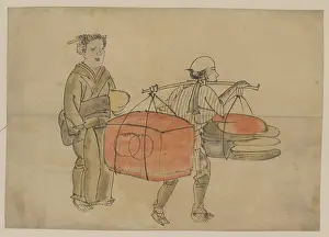 Bedding: A man carrying a shoulder pole with a trunk and bedding for