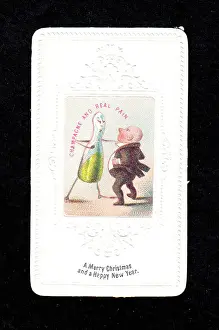 Bubbly: Man with champagne bottle on a Christmas card