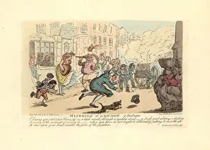 Miseries: Man chasing his hat down a muddy street in a high wind