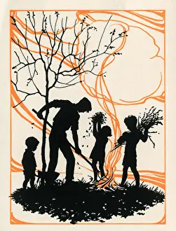 Bonfires: Man and three children making a bonfire
