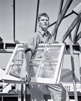 Panes: Man Construction Worker Carpenter Glazier on House