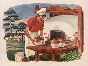 Barbecue: Man cooking in Outdoor Fireplace Oven