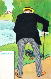 Genitals: Man and his dog on a comic Italian postcard