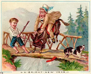 Rickety: Man on a donkey on a bridge on a New Year card
