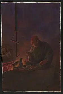 Sake: Man drinking sake before the hearth