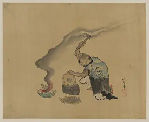 Reuse: A man engaged in metalwork, appears to be melting statues to