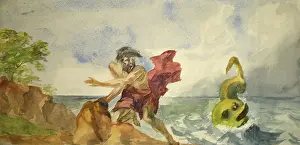 Escaping: Man escaping a sea monster