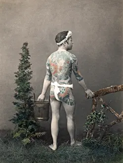 Extensive: Man with extensive tattoos, Japan, circa 1890