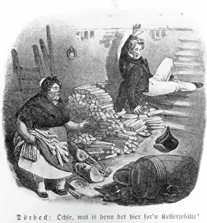 Joke: Man falling down cellar stairs, 19th century