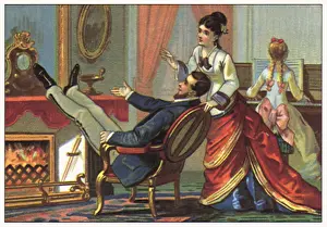 Propped: Man and Family at the Fireplace