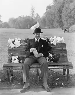 Bowlers: Man feeding pigeons on park bench