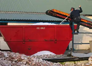 Angles: Man on gate outside seafood processing factory shovels ice