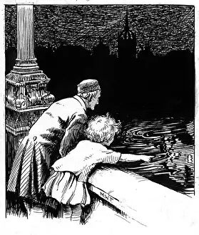 Lamplighter: Man and girl on bridge looking at water