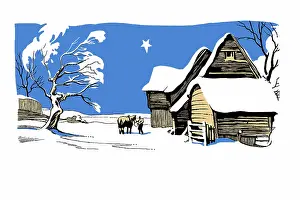 Three Colour: Man with horse beside barns in snow