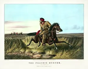Pursuit: A man on a horse in the middle of prairie with