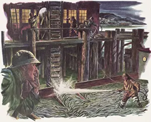 Cannery: Man hoses down Fish at Salmon Cannery