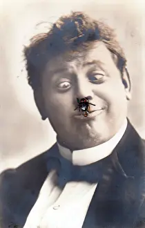 Stinging: Man with an insect on his nose on a novelty postcard