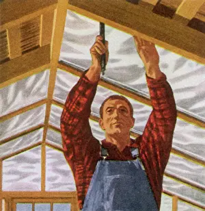 Attic: Man Installs Insulation