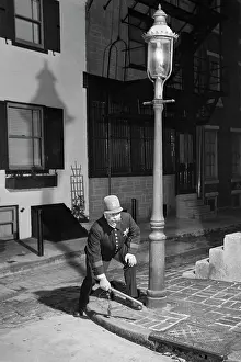 Patrolman: Man Keystone Cop Uniform Standing on Street Corner Under