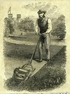 Gardeners: Man mowing in castle grounds
