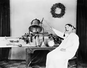 Exhausting: Man in a nightgown and sleeping cap ringing a big bell