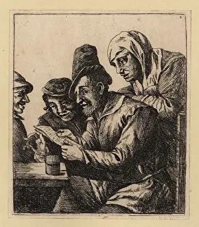 Literacy: Man reading a letter to an audience at a table