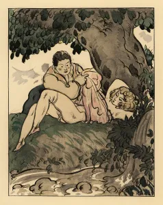 Nouvelles: A man removing a woman's dress under a tree