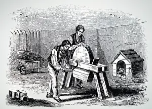 1836: Man sharpening a blade on a grindstone