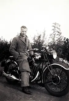 Matchless: Man sitting on his 1934 Matchless motorcycle
