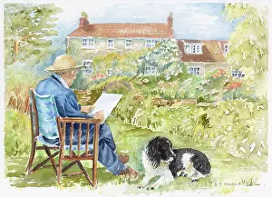 Sketching: Man sketching in a garden with Spaniel