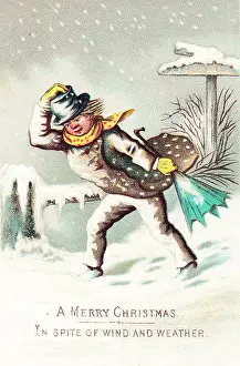Victorian Christmas: Man in the snow and wind on a Christmas card