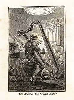 F.c. And J. Rivington: Man stringing a harp in a music workshop