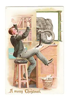 Inkpot: Man surprised by elephant on a cutout Christmas card